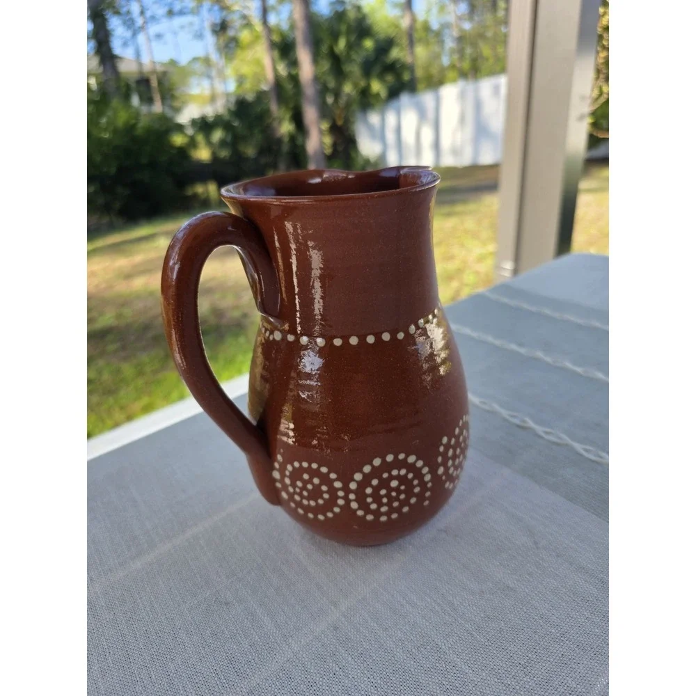 Handmade Redware Pottery Pitcher 8